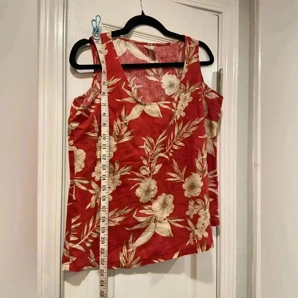 Kiko 100% Linen Pink Floral Round Neck Thick Strap Tank Top Hibiscus Size L - Picture 6 of 9